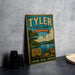 A vintage-style sign for Tyler State Park in Pennsylvania, featuring a scenic landscape with a lake and mountains.