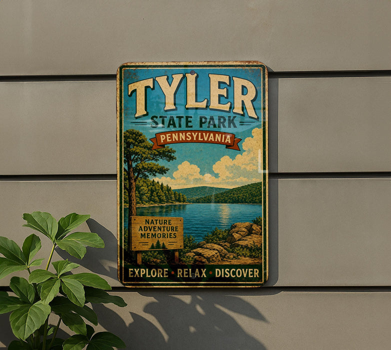 A vintage-style metal sign for Tyler State Park in Pennsylvania, featuring a scenic landscape with a lake, mountains, and trees.
