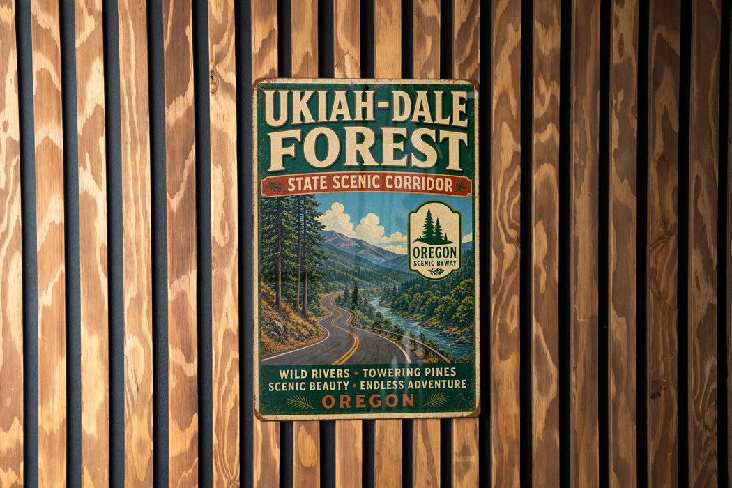 a vintage metal sign for the UKiah-Dale Forest, which is a scenic corridor in Oregon.
