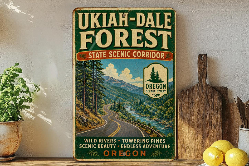 a vintage-style sign for the UKIAH-DALE FOREST, a scenic corridor in Oregon, with a winding road and lush greenery. The sign is displayed on a wooden shelf, surrounded by various kitchen utensils and a potted plant.