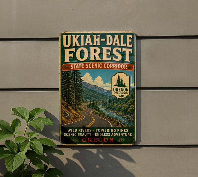 a vintage-style sign for the UKIAH-DALE FOREST, which is a scenic corridor in Oregon. The sign is mounted on a wall and depicts a winding road surrounded by lush greenery, including trees and mountains. The sign also includes the text "State Scenic Corridor" and "Oregon Scenic Byway", indicating that this is a designated scenic route in Oregon.