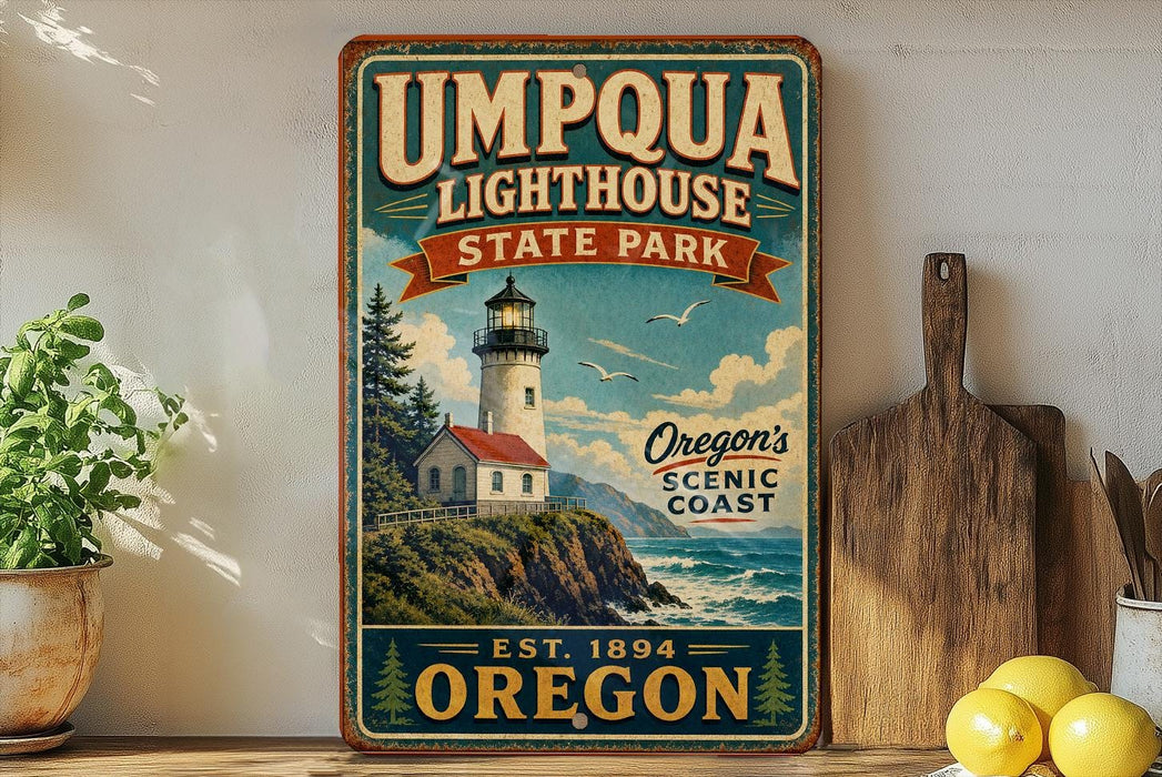 a vintage-style sign for Umpqua Lighthouse State Park, with a lighthouse and coastal scenery, placed on a shelf next to a wooden cutting board and some lemons.