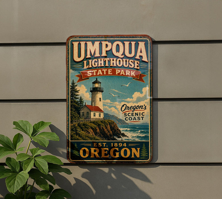 A vintage-style metal sign for Umpqua Lighthouse State Park, featuring a lighthouse and a scenic coastal landscape.