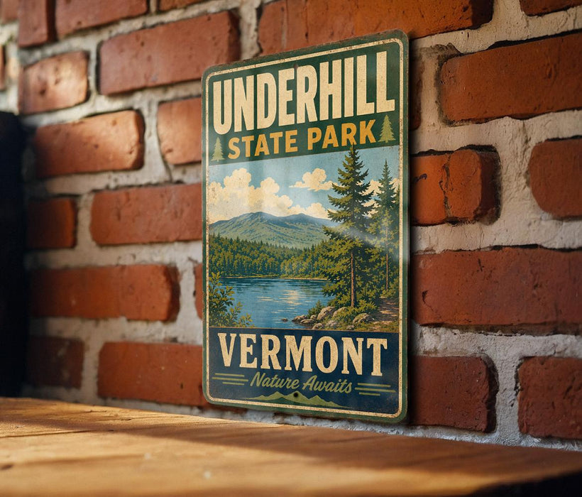 A vintage-style metal sign for Vermont State Park hangs on a brick wall, featuring a scenic landscape with mountains, trees, and a lake.