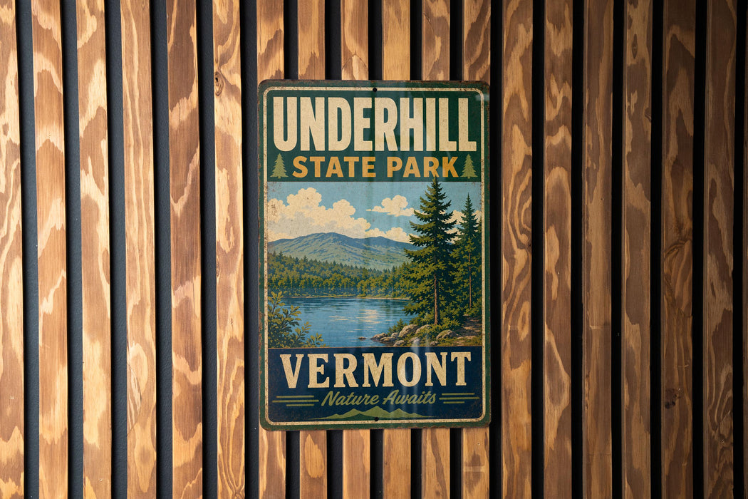 A vintage-style metal sign for Vermont State Park, featuring a scenic landscape with a lake and mountains.