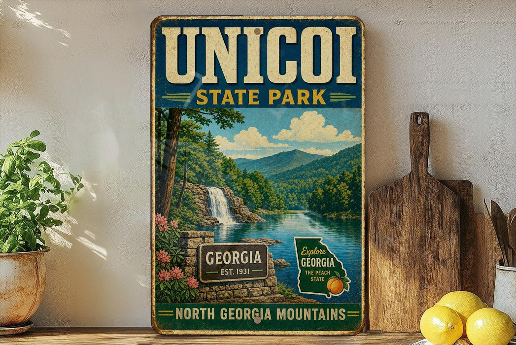 A vintage-style sign for "Unicoi State Park" featuring a scenic landscape with a waterfall, mountains, and a river.
