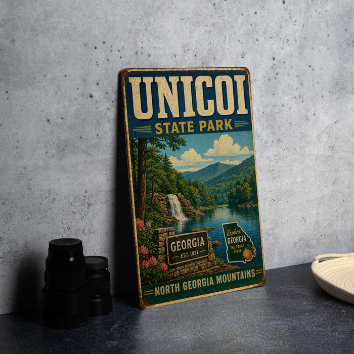 A vintage-style sign for Unicoi State Park, featuring a scenic landscape with a waterfall and mountains, is displayed on a gray concrete surface.