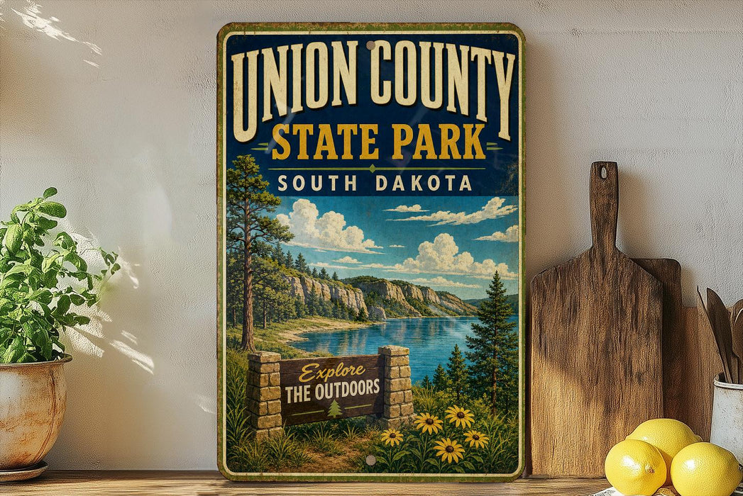 A vintage-style sign for Union County State Park in South Dakota, featuring a scenic landscape with a lake, mountains, and trees.