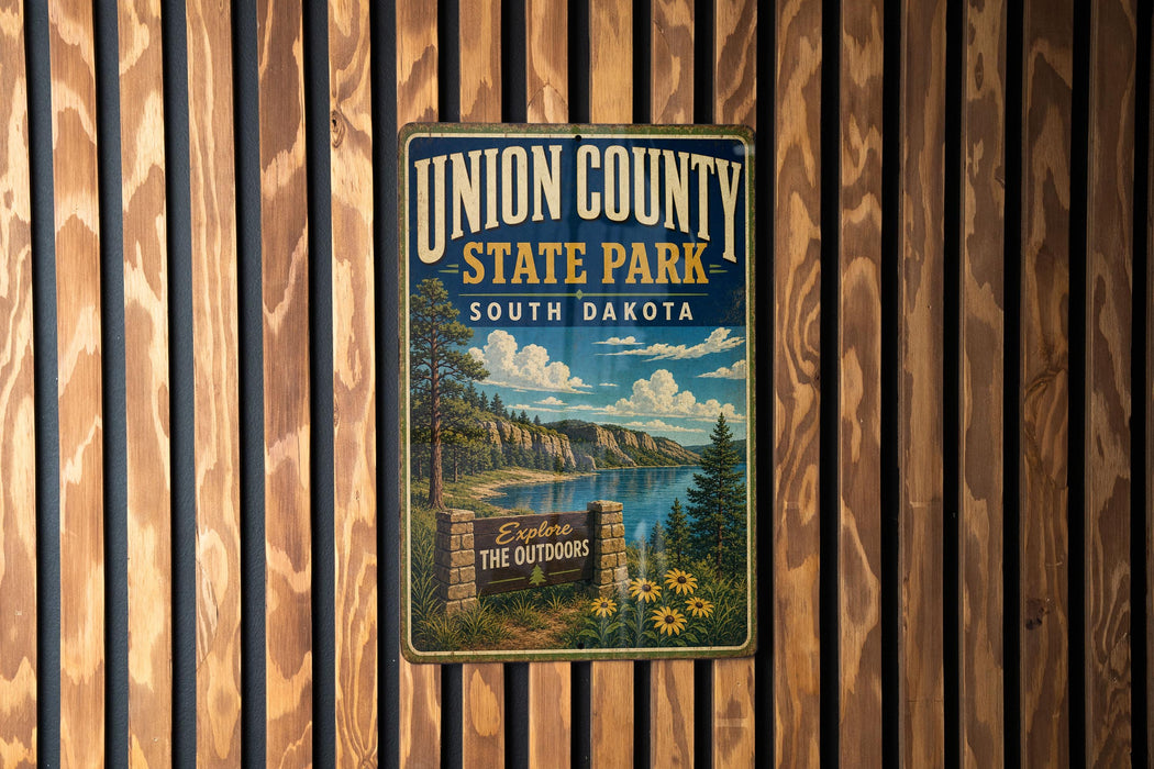 A vintage-style metal sign for Union County State Park in South Dakota, featuring a scenic landscape with a lake, mountains, and pine trees.