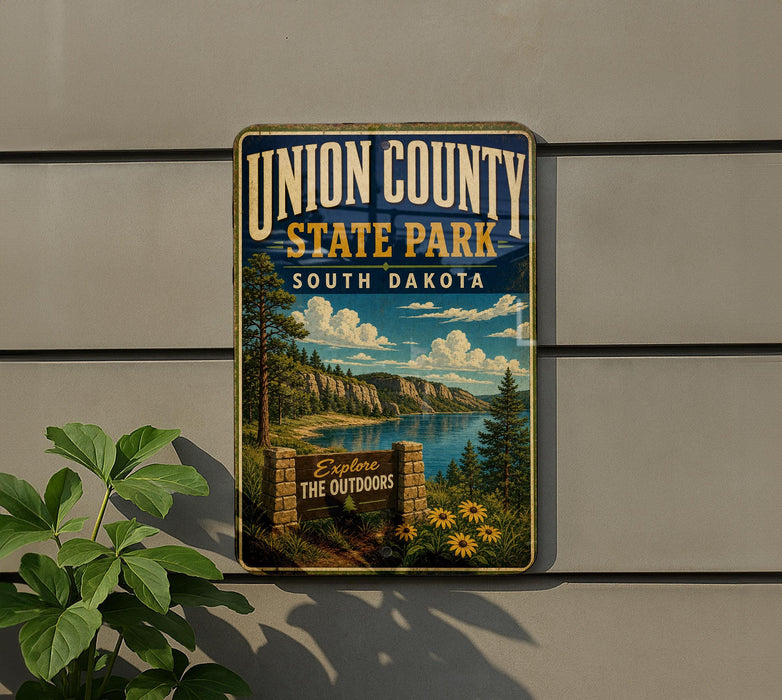 A metal sign for Union County State Park in South Dakota, featuring a scenic landscape with mountains, trees, and a lake.