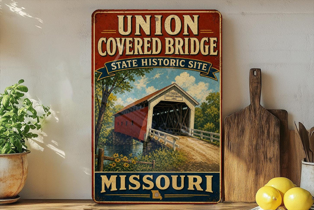 A vintage-style metal sign for the Union Covered Bridge in Missouri, featuring an illustration of the covered bridge and the state's name.