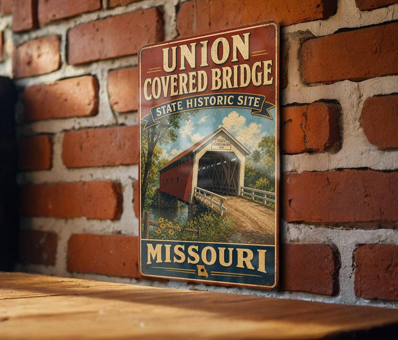 A vintage metal sign for the Union Covered Bridge in Missouri, featuring an illustration of a covered bridge and the text "UNION COVERED BRIDGE STATE HISTORIC SITE MISSOURI".