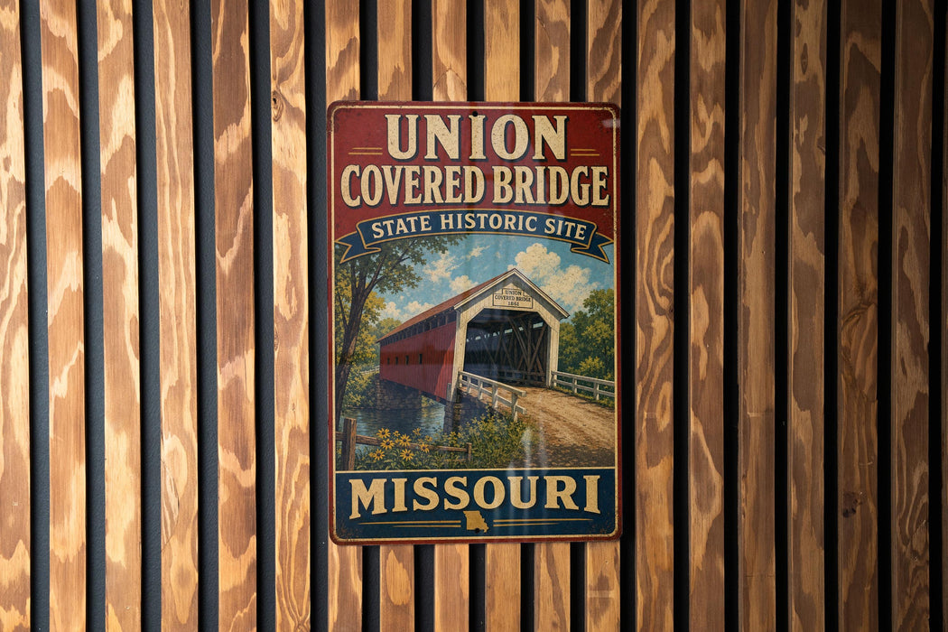 A vintage metal sign for the Union Covered Bridge in Missouri, featuring an illustration of the covered bridge and the state's name.
