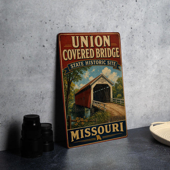 A vintage-style metal sign for the Union Covered Bridge in Missouri, featuring an illustration of the covered bridge and the state's name.