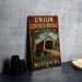 A vintage-style metal sign for the Union Covered Bridge in Missouri, featuring an illustration of the covered bridge and the state's name.