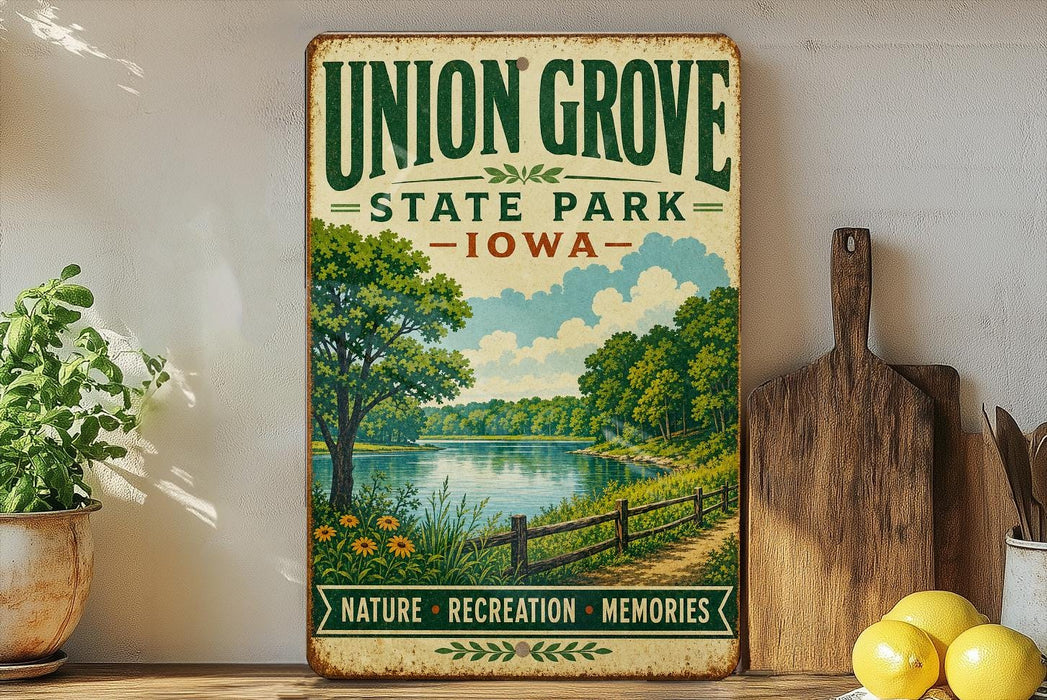 A vintage-style sign for Union Grove State Park in Iowa, featuring a scenic landscape with a lake, trees, and a path.