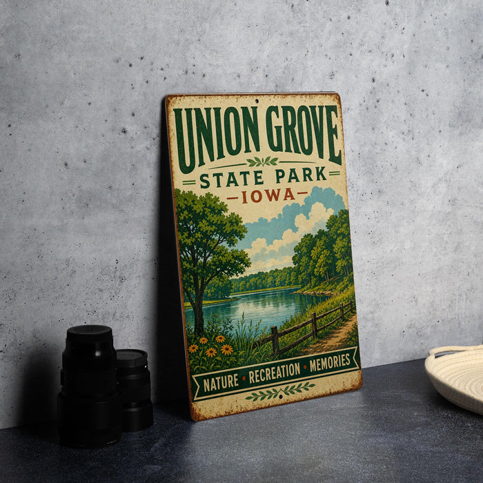 A vintage-style metal sign for Union Grove State Park in Iowa, featuring a scenic landscape with a lake, trees, and a path.