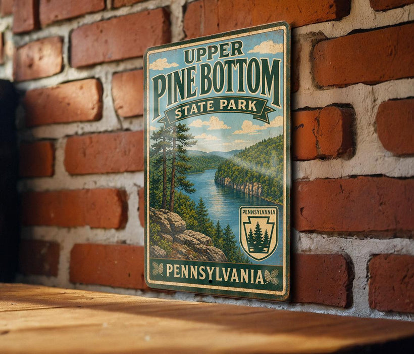 A vintage-style metal sign for Upper Pine Bottom State Park in Pennsylvania, featuring a scenic landscape with pine trees, a river, and mountains.