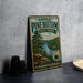 A vintage-style sign for Upper Pine Bottom State Park in Pennsylvania, featuring a scenic landscape with pine trees, a river, and mountains.