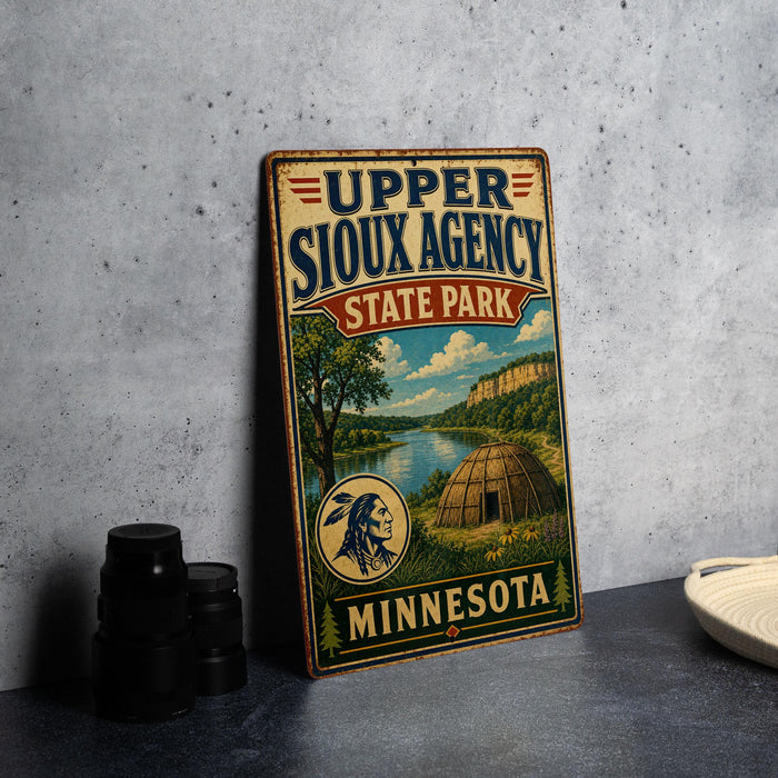 A vintage metal sign for Upper Sioux Agency State Park in Minnesota, featuring a scenic illustration of the park and its surroundings.
