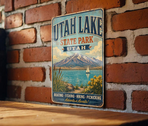 A vintage-style metal sign for Utah Lake State Park, featuring a scenic mountain landscape with a lake and a sailboat.