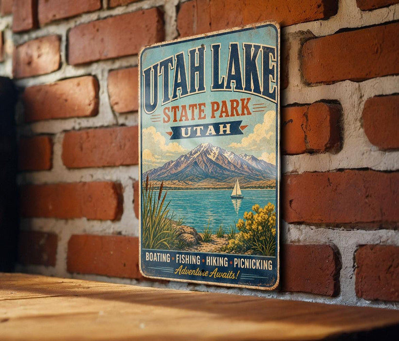 A vintage-style metal sign for Utah Lake State Park, featuring a scenic mountain landscape with a lake and a sailboat.