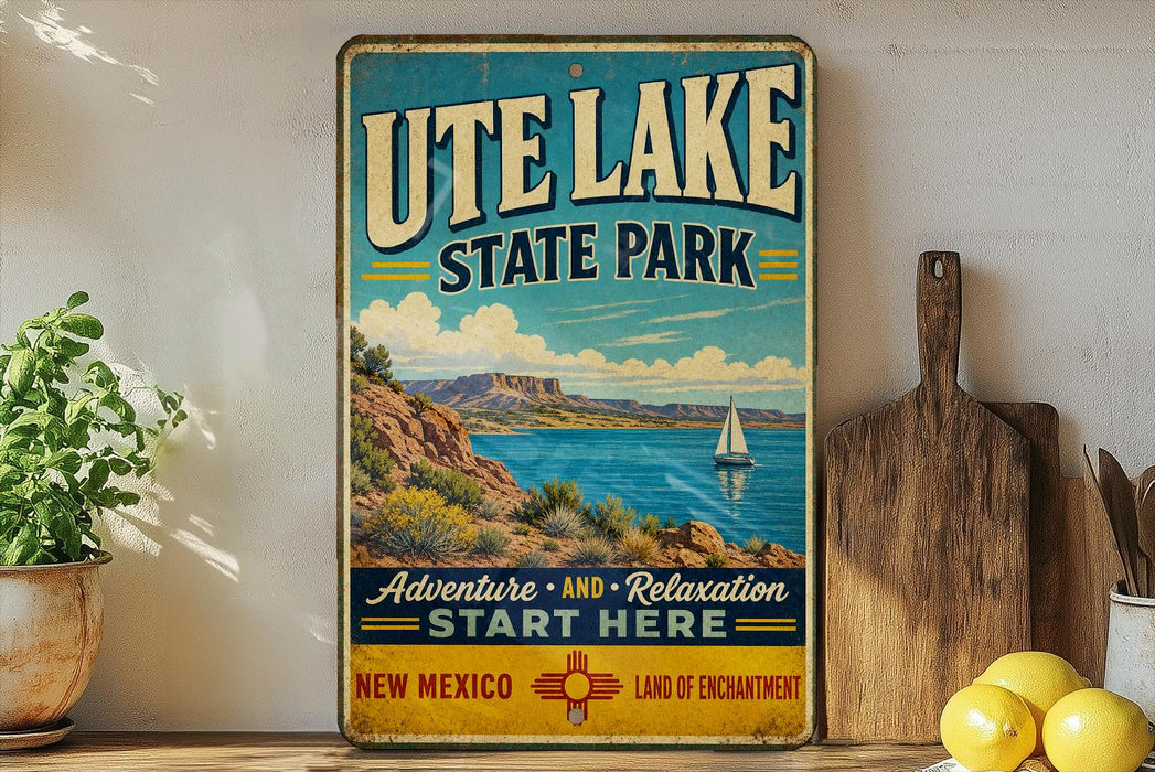 A vintage-style metal sign for Utah Lake State Park, featuring a scenic landscape with a sailboat on the lake and mountains in the background.