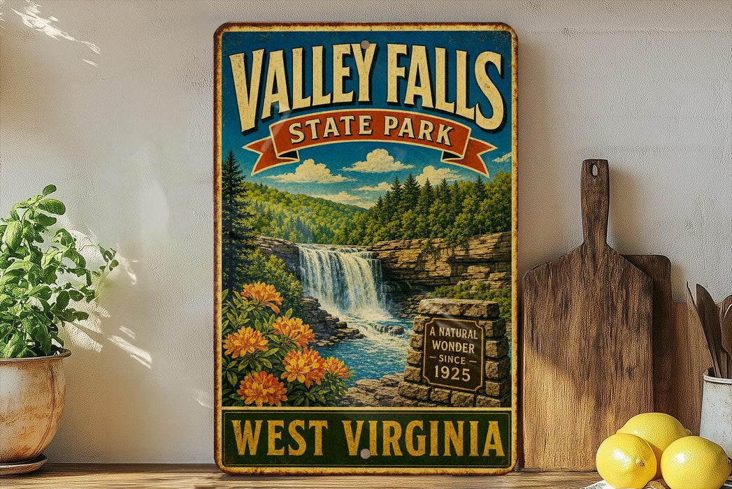 A vintage-style sign for Valley Falls State Park in West Virginia, featuring a waterfall, pine trees, and a natural wonder sign.