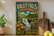 A vintage-style sign for Valley Falls State Park in West Virginia, featuring a waterfall, pine trees, and a natural wonder sign.