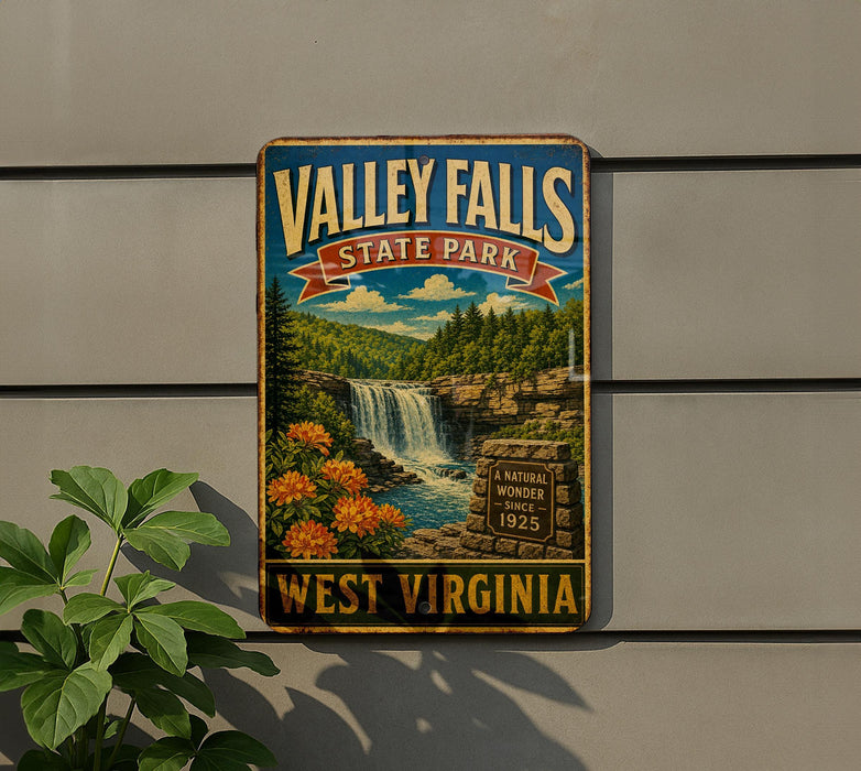 A vintage-style metal sign for Valley Falls State Park in West Virginia, featuring a waterfall and lush greenery.