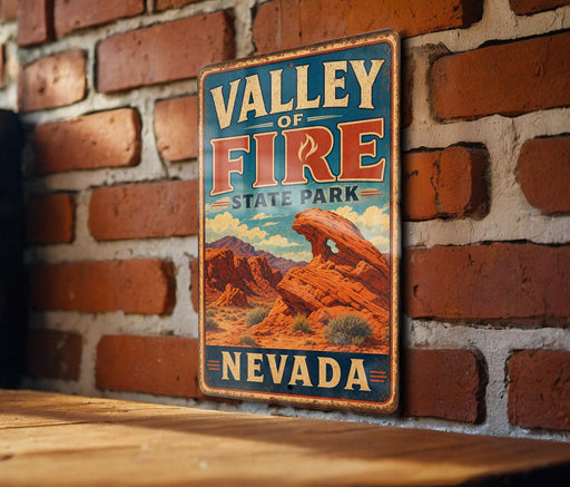 A vintage-style metal sign for Valley of Fire State Park in Nevada, featuring a desert landscape with mountains and a prominent rock formation.