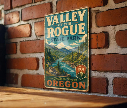 A vintage-style metal sign for "Valley of the Rogue State Park" is displayed on a brick wall, featuring a scenic mountain landscape.