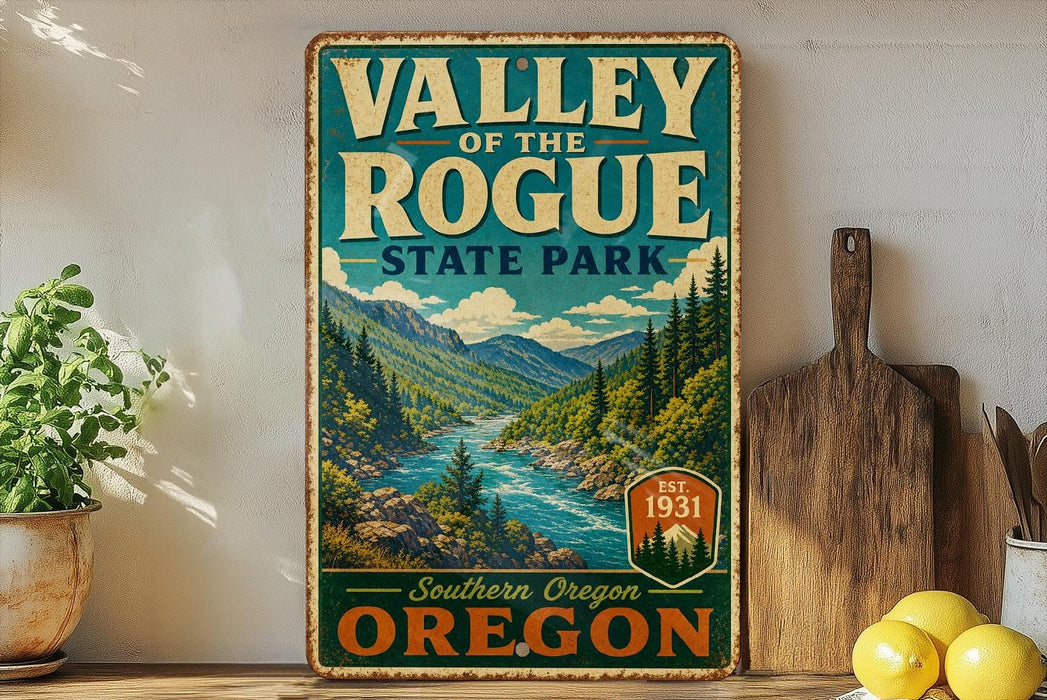 A vintage-style metal sign for "Valley of the Rogue State Park" in Southern Oregon, featuring a scenic mountain landscape with a river.