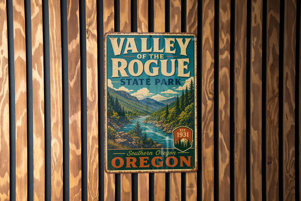 A vintage metal sign for "Valley of the Rogue State Park" is displayed on a wooden wall.