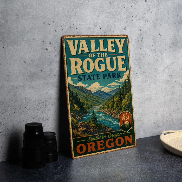 A vintage-style metal sign for Valley of the Rogue State Park, featuring a scenic mountain landscape and a river.