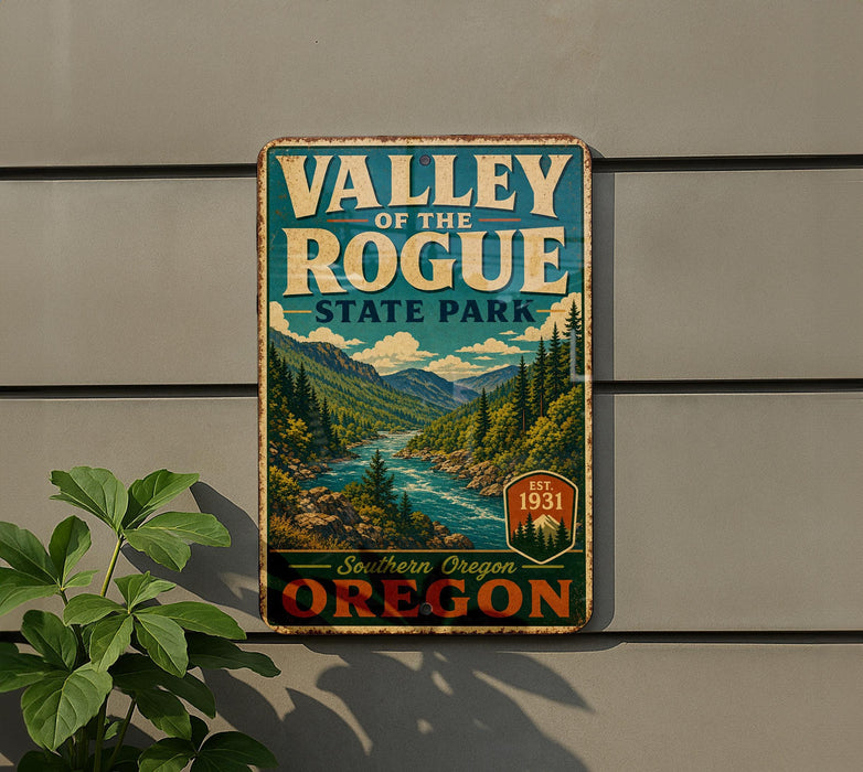 A vintage-style metal sign for Valley of the Rogue State Park, featuring a scenic mountain landscape with a river.