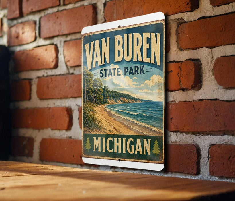 A vintage-style sign for Van Buren State Park in Michigan, featuring a scenic beach and ocean landscape.