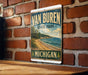 A vintage-style sign for Van Buren State Park in Michigan, featuring a scenic beach and ocean landscape.