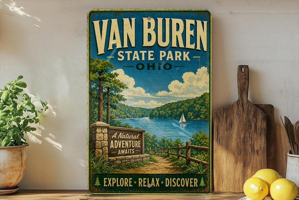 A vintage-style sign for Van Buren State Park in Ohio, featuring a scenic landscape with a lake, mountains, and a sailboat.