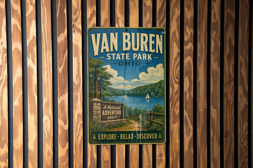 A vintage metal sign for Van Buren State Park in Ohio, featuring a scenic lake and mountains in the background.