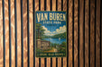 A vintage metal sign for Van Buren State Park in Ohio, featuring a scenic lake and mountains in the background.