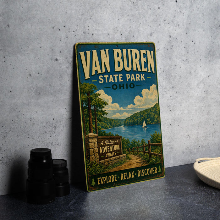A vintage-style metal sign for Van Buren State Park in Ohio, featuring a scenic landscape with a lake, mountains, and a sailboat.