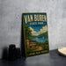 A vintage-style metal sign for Van Buren State Park in Ohio, featuring a scenic landscape with a lake, mountains, and a sailboat.