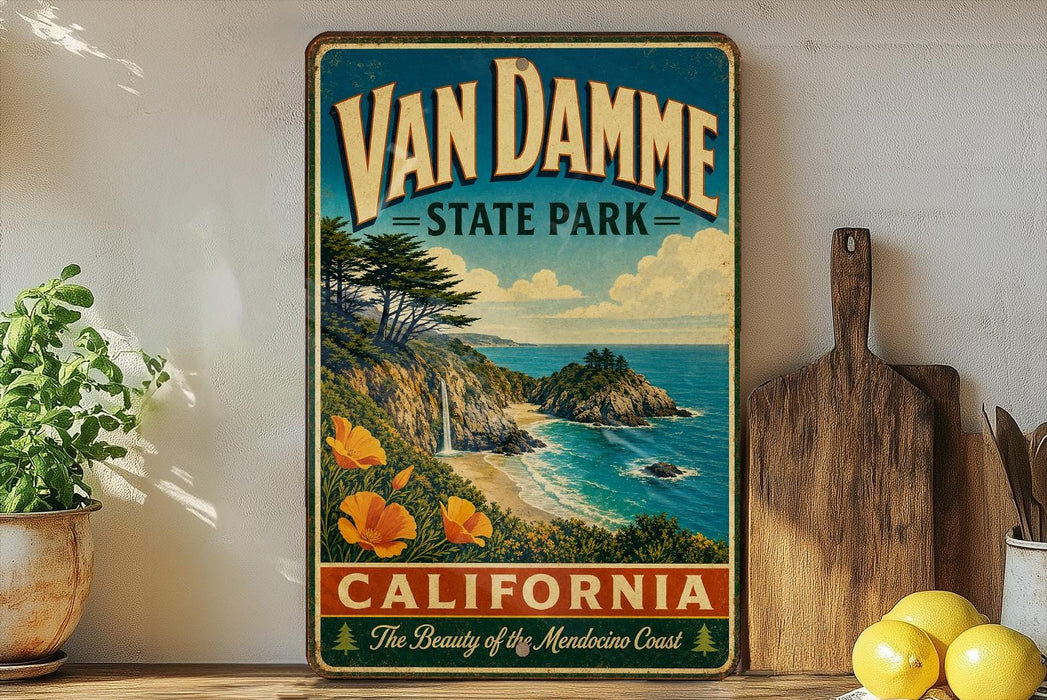 A vintage-style sign for Van Damme State Park in California, featuring a scenic coastal landscape with a waterfall and beach.