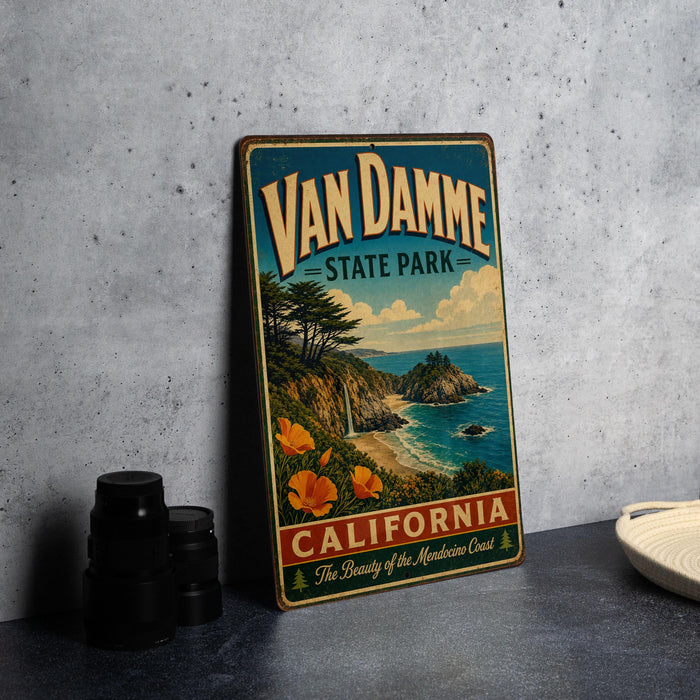 A vintage-style metal sign for Van Damme State Park in California, featuring a scenic landscape with a beach, mountains, and a waterfall.