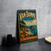A vintage-style metal sign for Van Damme State Park in California, featuring a scenic landscape with a beach, mountains, and a waterfall.