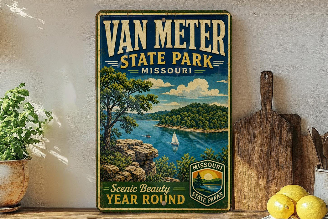 A vintage-style metal sign for Van Meter State Park in Missouri, featuring a scenic landscape with a lake, mountains, and a sailboat.