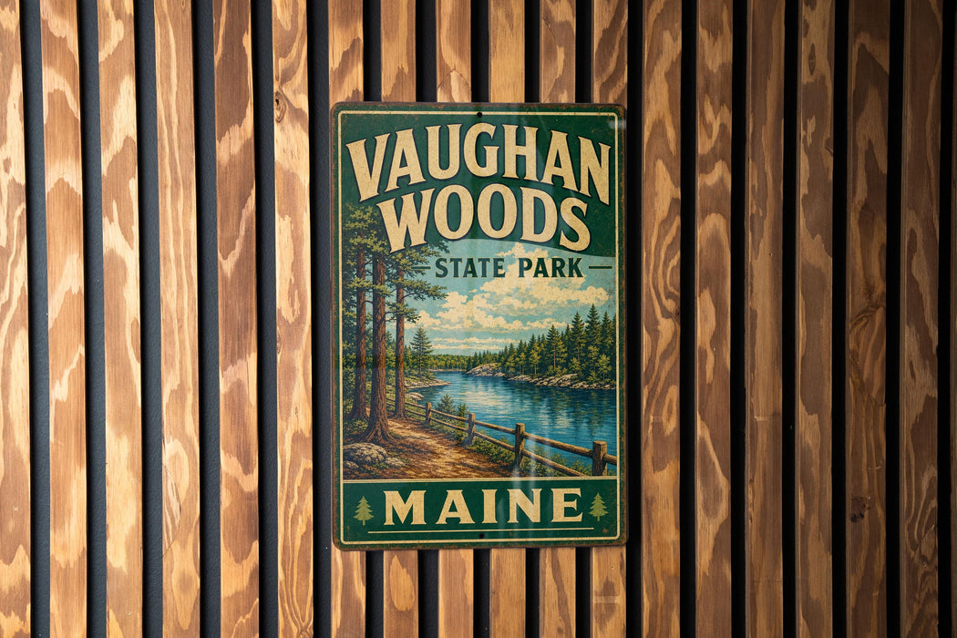 A vintage metal sign for Vaughan Woods State Park in Maine, featuring a scenic landscape with a river and pine trees.