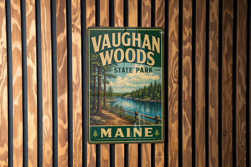 A vintage metal sign for Vaughan Woods State Park in Maine, featuring a scenic landscape with a river and pine trees.