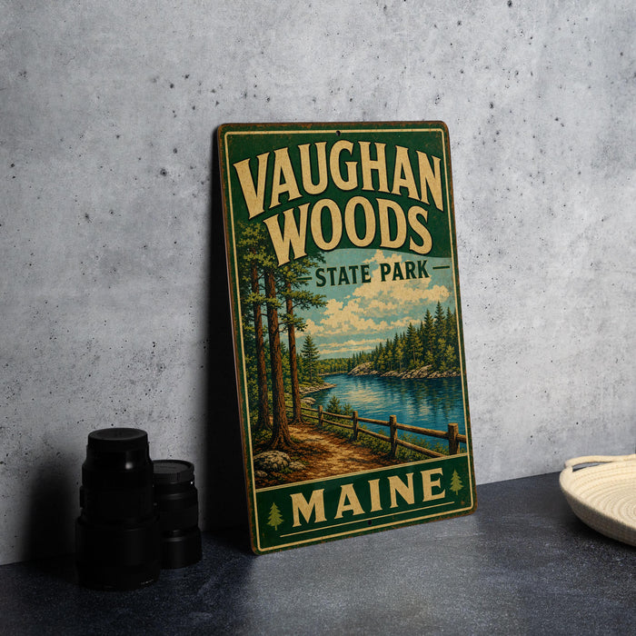A vintage metal sign for Vaughan Woods State Park in Maine, featuring a scenic landscape with a river, trees, and a wooden fence.